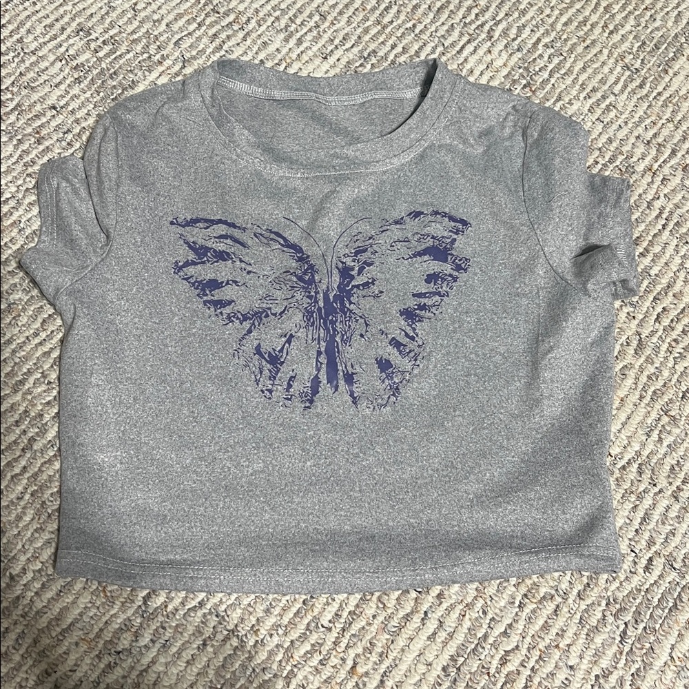 Gray Crop Top with Purple Butterfly Design